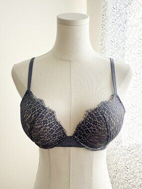 Victoria’s Secret Bra 34C Slate Blue Lace Push Up Plunge Underwire Padded